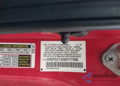 2006 Honda Civic Si из США, поврежденный, VIN 2HGFG21556H711906